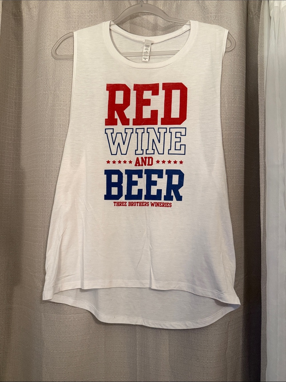 Source Unknown White Tank with Red & Blue "RED WINE AND BEER" Graphic